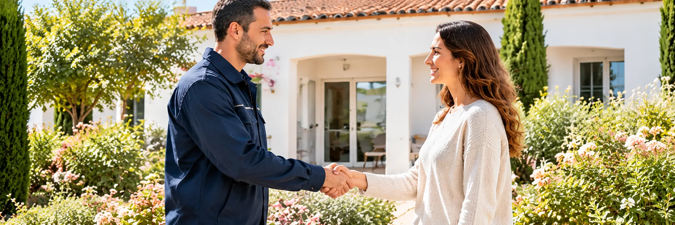 Técnico y clienta dándose la mano frente a una vivienda española