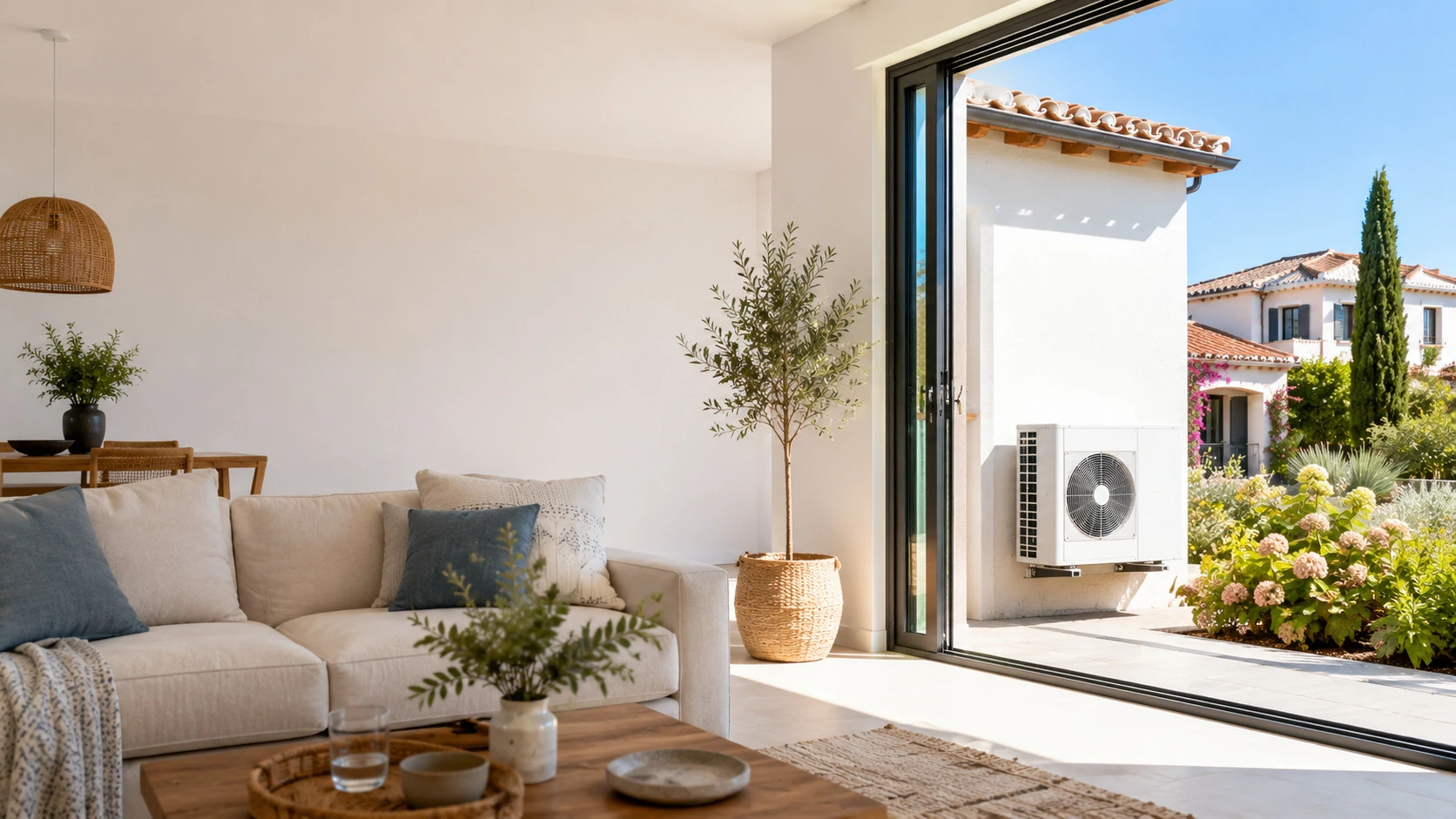 Salón luminoso con bomba de calor instalada en el exterior de una vivienda española